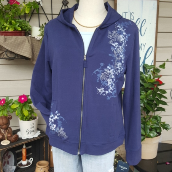 SONOMA ♡ Navy|White|Gray Embroidered | Embellished Floral L|S Hoodie Jacket PL - Picture 5 of 17